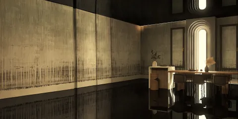 Modern dining area featuring a sleek table and elegant chairs, showcasing a minimalistic design style with a focus on spaciousness, utilizing Homestyler's real-time 3D rendering for an enhanced visual preview.