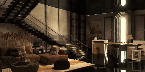 Stylish modern living room featuring a sectional sofa and minimalist decor, enhancing the spacious aesthetic, optimized with Homestyler's real-time 3D rendering feature.