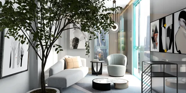 modern living room featuring a stylish sofa and armchair designs, showcasing an artistic aesthetic with large windows maximizing natural light and urban views, utilizing Homestyler's real-time 3D rendering for interior design visualization.