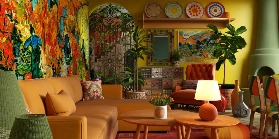 vibrant living room with colorful wall art showcasing exotic plants and cozy furniture arrangement in a bohemian style, emphasizing interior decor optimization using Homestyler's real-time 3D rendering feature.