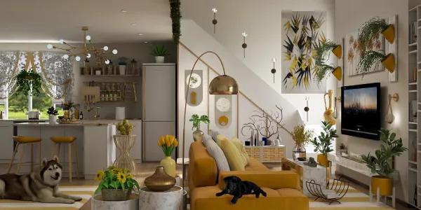 Living room and kitchen area showcasing a modern open-plan design with smart furniture arrangement in a contemporary style, featuring vibrant decor elements and an emphasis on space optimization using Homestyler's real-time 3D rendering.