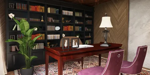 home office interior design featuring a wooden desk, bookshelf with books, and decorative plants in a modern classic style, showcasing the real-time 3D rendering feature of Homestyler.
