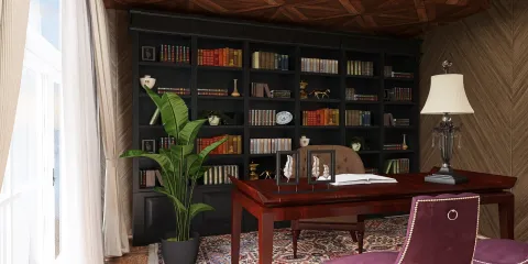 home office design with a wooden desk and black bookshelf, featuring modern decor and a plant, showcasing a classic style for interior workspace planning using Homestyler's real-time 3D rendering.
