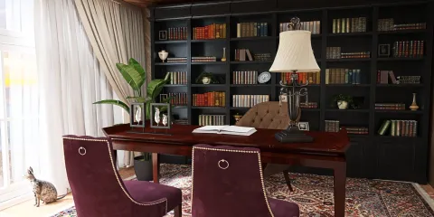 home office with a wooden desk and plush chairs, designed for productivity in a classic style, featuring a bookshelf filled with books and decorative items, utilizing Homestyler's real-time 3D rendering functionality.