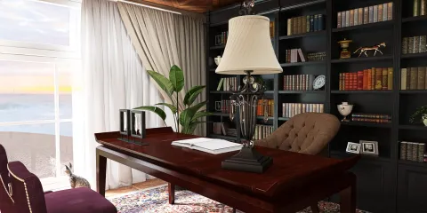 home office desk arrangement with elegant lamp and bookcase in a modern coastal style interior, showcasing a sophisticated workspace design using Homestyler's real-time 3D rendering feature.