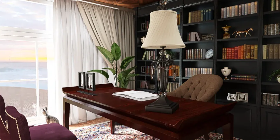 home office desk arrangement with elegant lamp and bookcase in a modern coastal style interior, showcasing a sophisticated workspace design using Homestyler's real-time 3D rendering feature.
