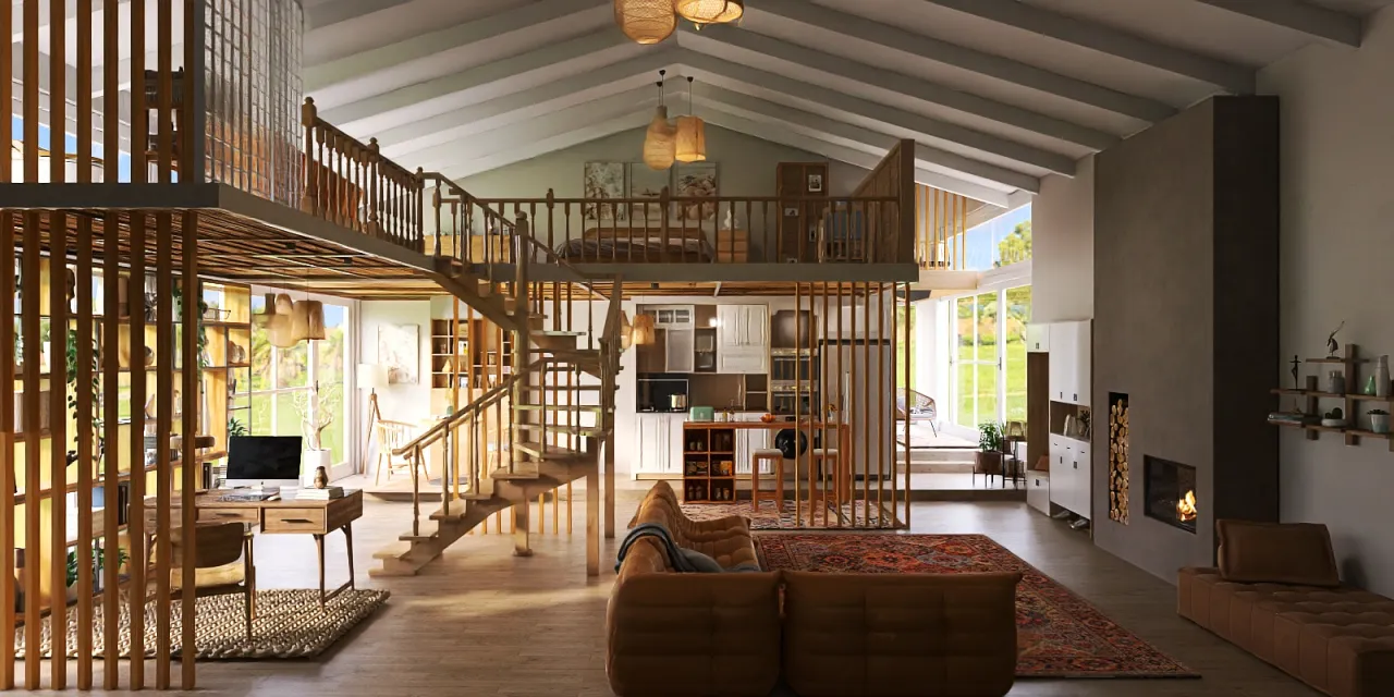 a living room with a large wooden staircase 