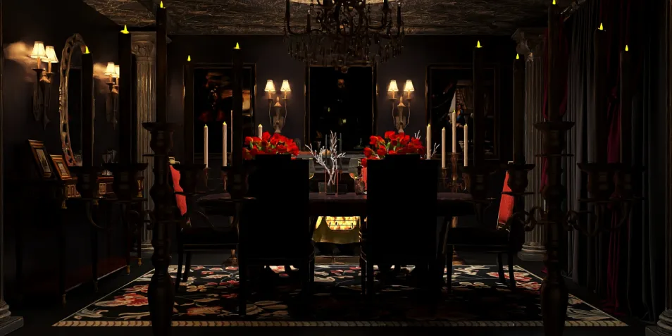 dining room with elegant dining table setup featuring red flowers in a dark and moody style, showcasing interior design using Homestyler's smart furniture arrangement feature.