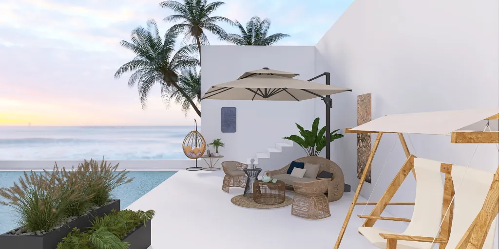 a beach with a balcony and a table with chairs 
