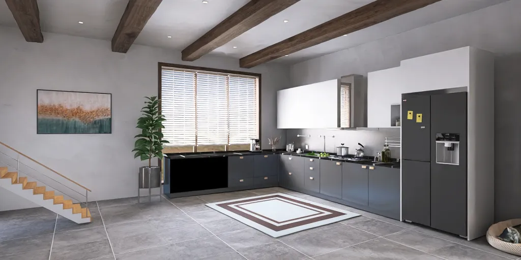 a kitchen with a large window and a large counter 