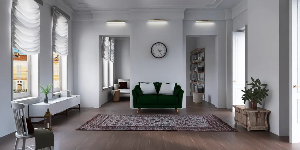 a living room with a large white couch and a clock 