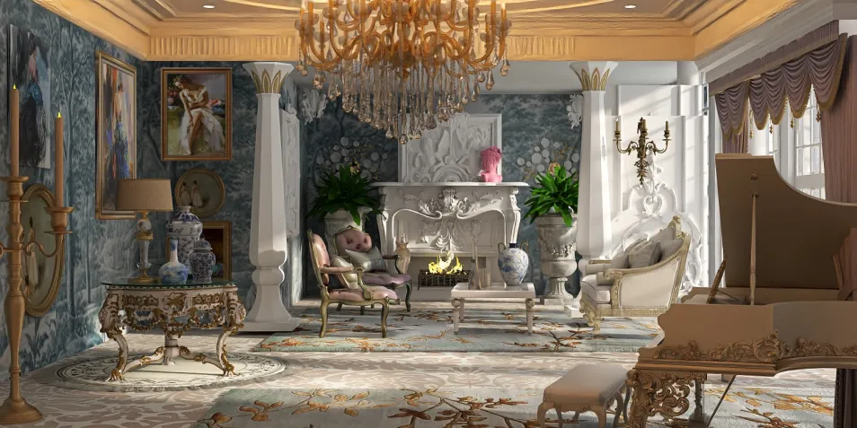 luxurious living room with ornate chandelier and elegant furniture featuring a classical design style, showcasing interior decor optimization with Homestyler's real-time 3D rendering functionality.