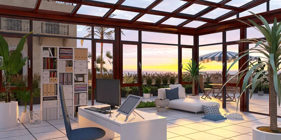 sunlit home office creating a modern workspace with a glass enclosure in coastal style featuring interior garden elements using Homestyler's real-time 3D rendering.
