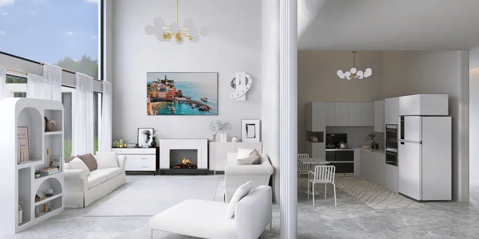 spacious living room featuring a modern minimalist design with a cozy atmosphere, showcasing interior decor elements such as white sofas and an integrated kitchen, utilizing Homestyler's real-time 3D rendering for quick visualization.