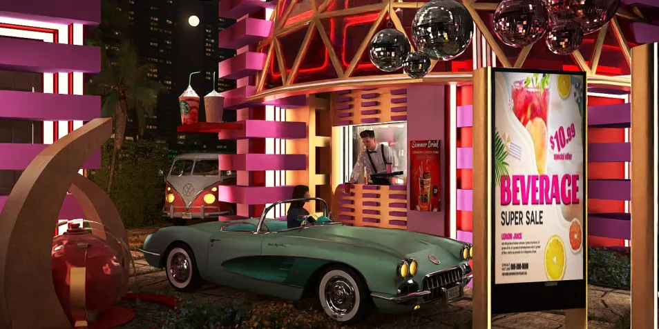 vintage car in a retro-themed beverage shop showcasing vibrant colors and modern design elements, creating an inviting atmosphere for customers; includes Homestyler's real-time 3D rendering feature for quick design previews.