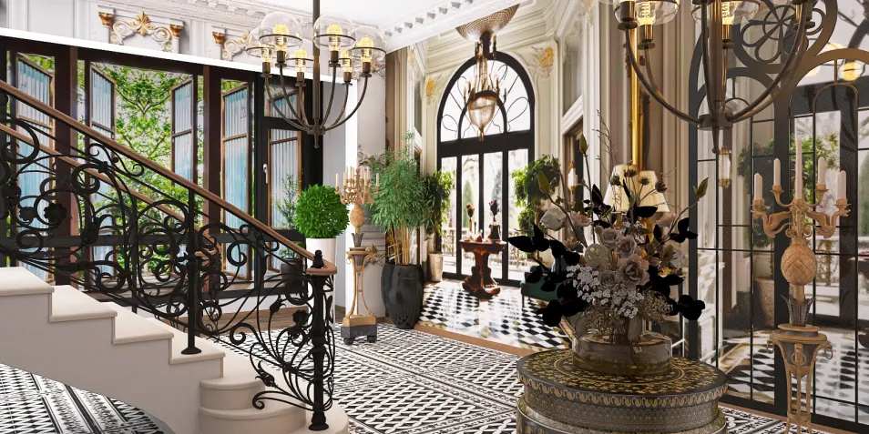 ornate staircase with elegant railings featuring intricate designs in a luxurious entryway design, showcasing a blend of classic and modern styles, utilizing Homestyler's real-time 3D rendering feature for precise visualization.