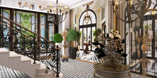 ornate staircase with elegant railings featuring intricate designs in a luxurious entryway design, showcasing a blend of classic and modern styles, utilizing Homestyler's real-time 3D rendering feature for precise visualization.