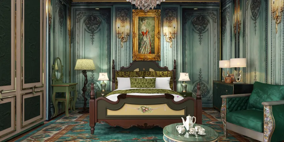 luxurious bedroom design showcasing vintage furniture arrangement in baroque style highlighting comfort and elegance using Homestyler's real-time 3D rendering feature