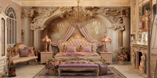 luxurious bedroom interior design featuring ornate furniture and a chandelier in a classic style, showcasing a romantic ambience with plush textures and elegant details, enhanced by Homestyler's real-time 3D rendering feature.