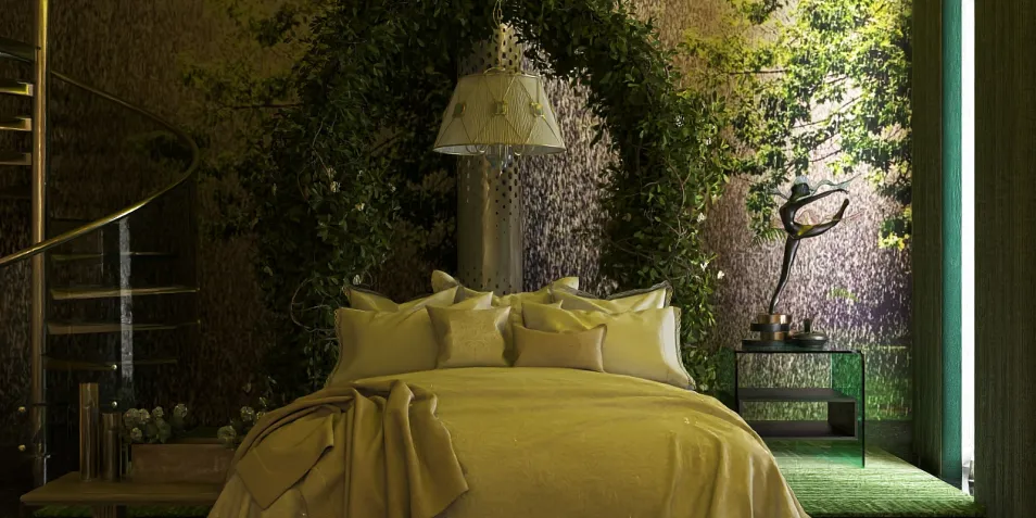 A cozy bedroom featuring a plush bed adorned with soft pillows, designed with an emphasis on nature-inspired aesthetics, highlighting indoor greenery and a soothing atmosphere. This interior design utilizes Homestyler's real-time 3D rendering for an accurate visualization of the space.