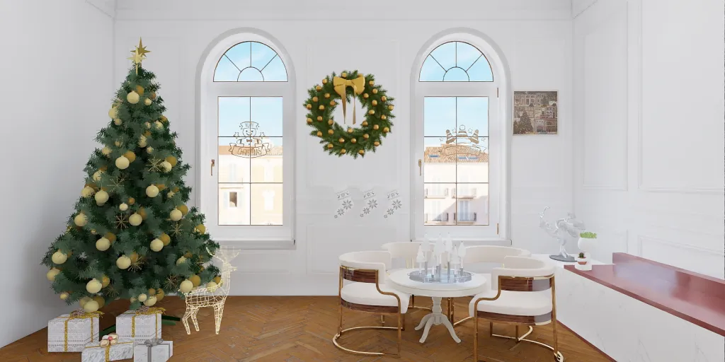 a christmas tree is in a room with a table and chairs 