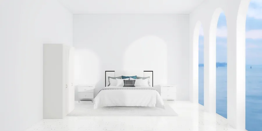 a bed with a white bedspread and a white chair 