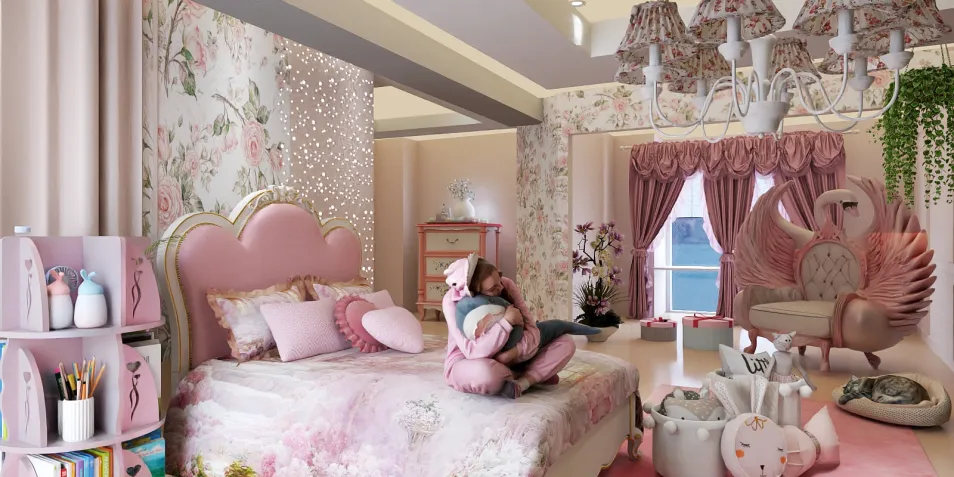 children's bedroom with pink accent wall and floral wallpaper featuring a girl relaxing on a plush bed, designed in a whimsical style to create a cozy and inviting space, showcasing Homestyler's real-time 3D rendering functionality for instant design previews.