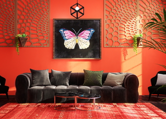 Living room with Red and black Design Rendering