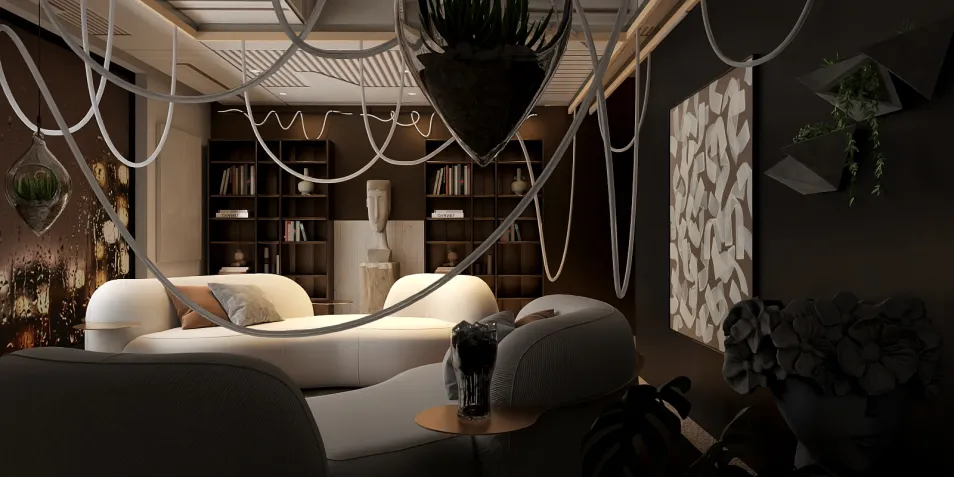 modern sofa arrangement in a cozy lounge with ambient lighting and decorative plants, showcasing interior design features, utilizing Homestyler's real-time 3D rendering