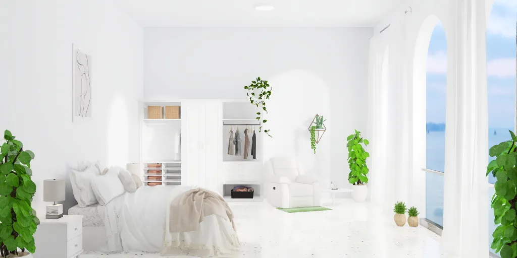 a white and green room with a white couch and a white wall 