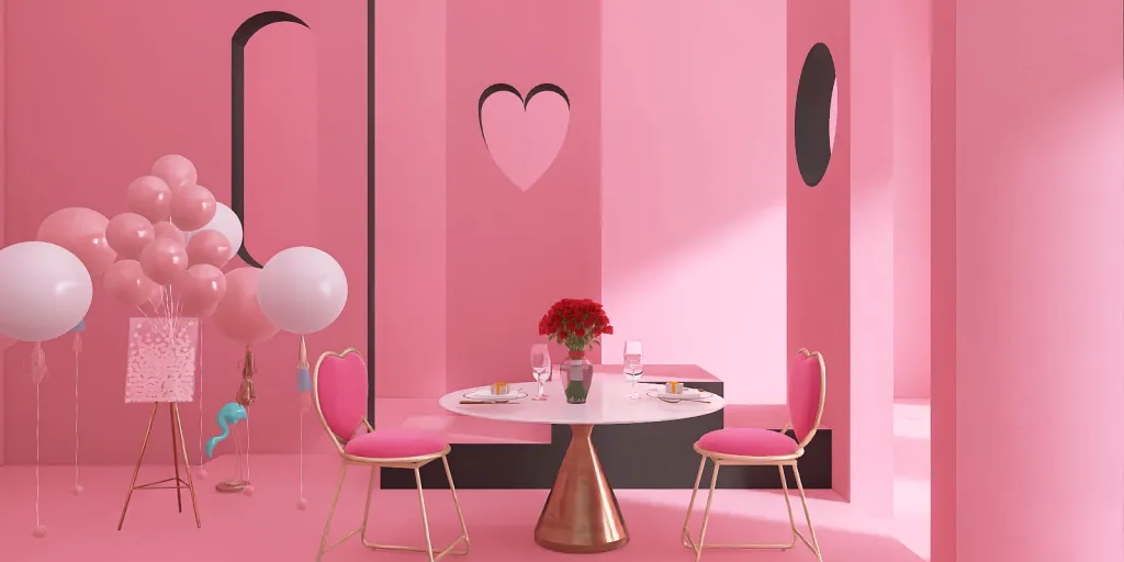 a pink table with a pink flower on it 