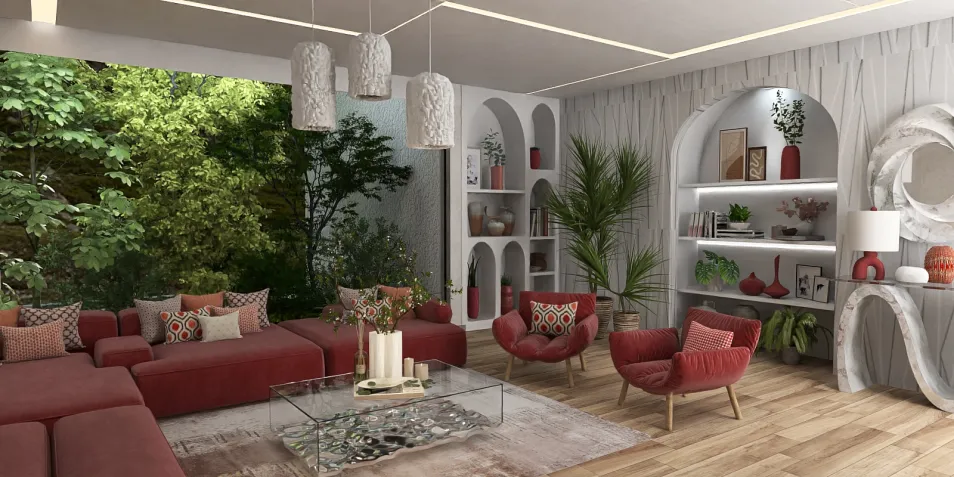 luxurious living room with red furniture showcasing modern design elements and greenery view, featuring interior decor optimization using Homestyler's real-time 3D rendering capability.