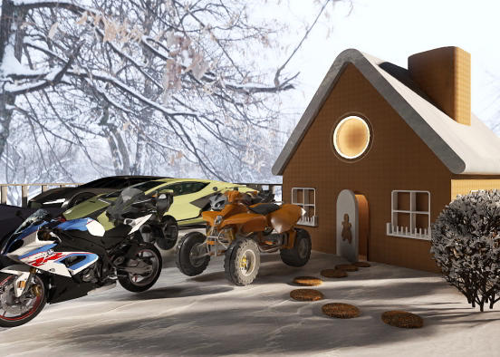 A house with sports cars and bikes ￼ Design Rendering