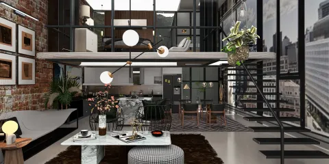 modern loft interior design style showcasing an open-concept living space with a mezzanine, utilizing Homestyler's advanced real-time 3D rendering feature for accurate remodeling previews.