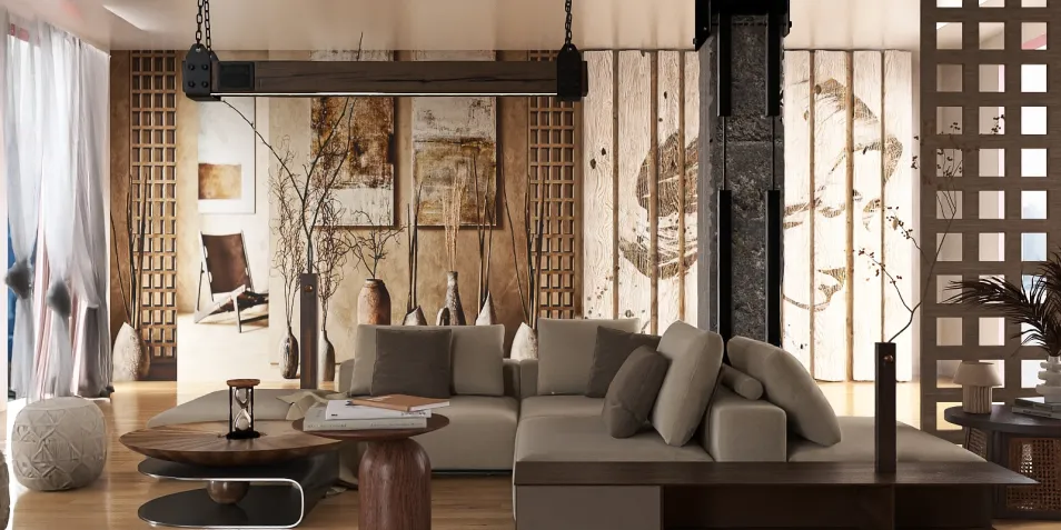 modern living room design featuring a spacious couch and artistic wall art, showcasing a warm and inviting atmosphere, optimized for small space functionality using Homestyler's real-time 3D rendering feature.