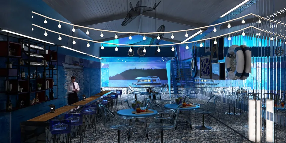 Modern restaurant with ocean theme featuring glass walls and vivid blue decor, showcasing the vibrant ambiance through efficient real-time 3D rendering, ideal for virtual design previews.