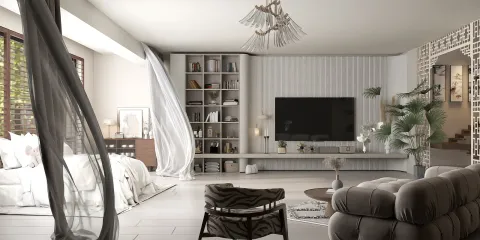 Modern living room featuring a stylish TV unit and bookshelf arrangement, designed with a minimalist aesthetic to enhance space utilization, showcasing Homestyler's real-time 3D rendering capabilities.