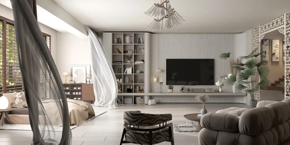 spacious living room featuring elegant furniture arrangement in a modern style with an emphasis on comfort and aesthetic charm, showcasing the real-time 3D rendering capability of Homestyler