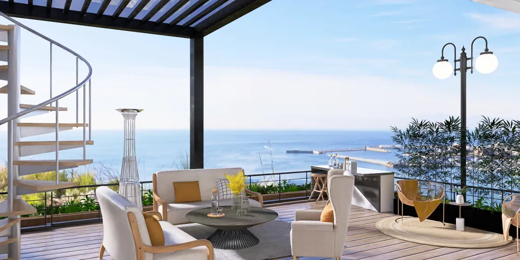 a large patio with a balcony overlooking the ocean 