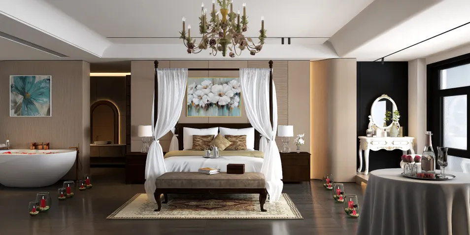 luxurious bedroom design featuring a four-poster bed with elegant drapery, showcasing modern decor elements and a serene ambiance, optimized for interior decor planning using Homestyler's real-time 3D rendering feature.