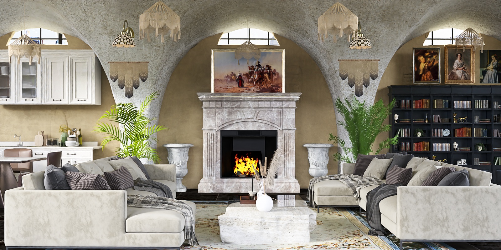 Spanish home living room and kitchen