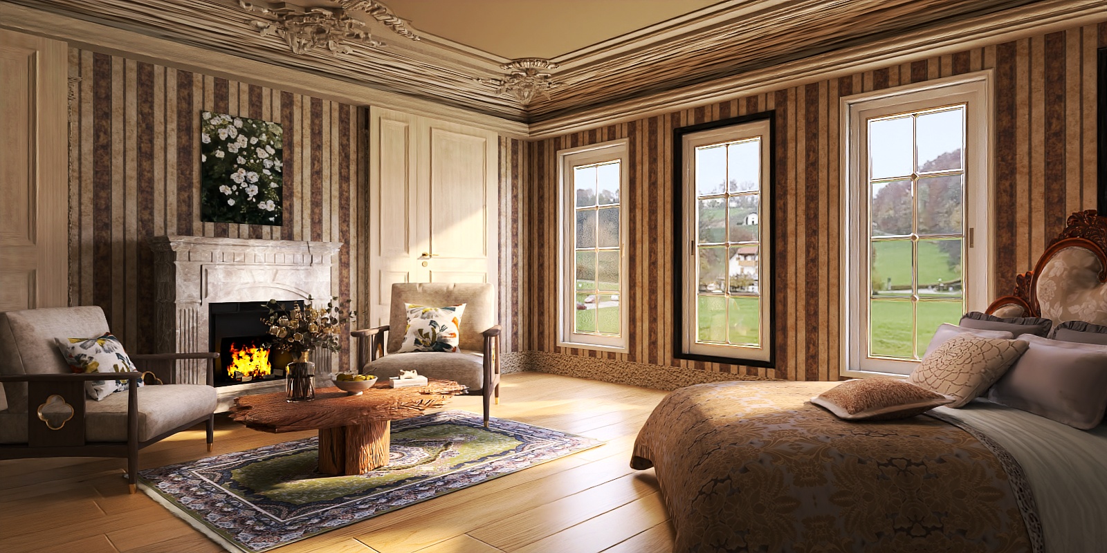 Bedroom of a house between 2 mountains