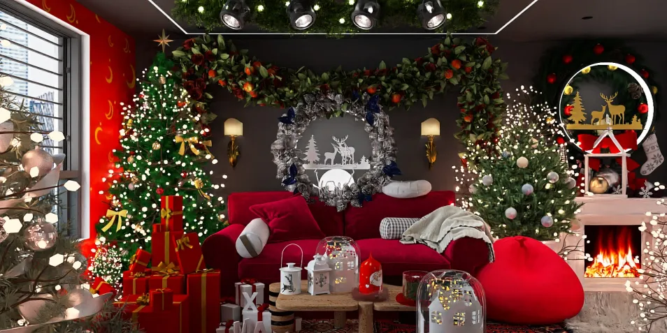 cozy living room decorated for Christmas showcasing festive trees and a red couch with holiday ornaments, using Homestyler's real-time 3D rendering feature for instant design visualization.
