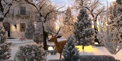 snow-covered trees with festive decorations in a winter landscape featuring a deer, showcasing a tranquil holiday scene in a cozy outdoor space, utilizing Homestyler's 3D rendering feature for realistic visualization.