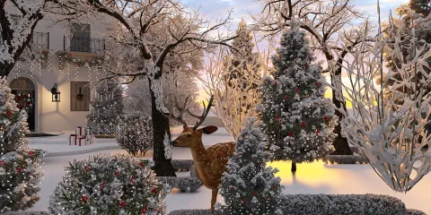 deer in a snowy garden surrounded by Christmas trees and lights creating a winter wonderland atmosphere; outdoor landscape design; featuring Homestyler's real-time 3D rendering for immersive visualization.