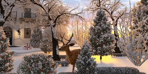A winter garden scene featuring a deer surrounded by snow-covered trees and shrubs, showcasing a cozy holiday atmosphere, optimized for seasonal outdoor decor using Homestyler's real-time 3D rendering feature.