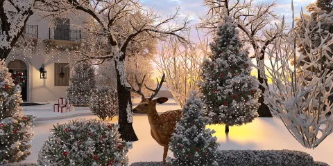 winter garden landscape featuring a deer standing among snow-covered shrubbery and trees, showcasing a festive atmosphere with holiday decorations, capturing the beauty of seasonal outdoor design using Homestyler's 3D rendering capabilities.