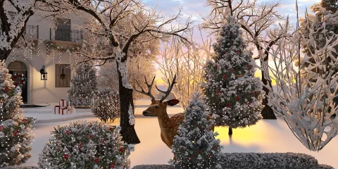 winter landscape with a deer amidst snow-covered trees and decorative shrubs adorned with lights, showcasing outdoor design in a serene seasonal style, featuring Homestyler's real-time 3D rendering for visualization.
