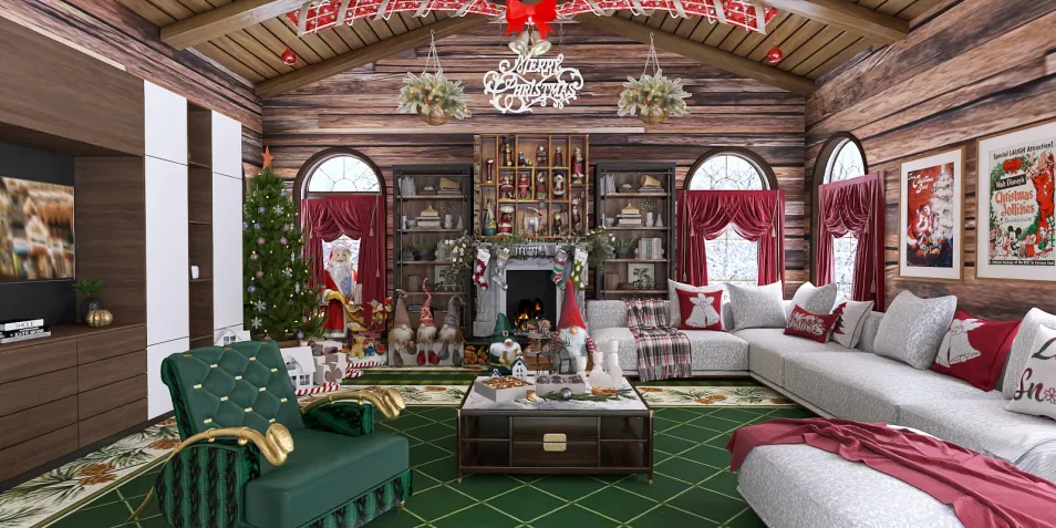 cozy living room decorated for Christmas with a festive atmosphere and rustic wooden accents featuring garlands and a decorated tree, showcasing interior decor ideas for holiday styling, utilizing Homestyler's real-time 3D rendering feature.