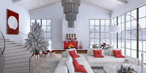 modern living room with cozy layout and festive decorations featuring a large white sectional sofa, decorative tree, and a stunning fireplace, showcasing interior design using Homestyler's real-time 3D rendering for an inviting winter ambiance.